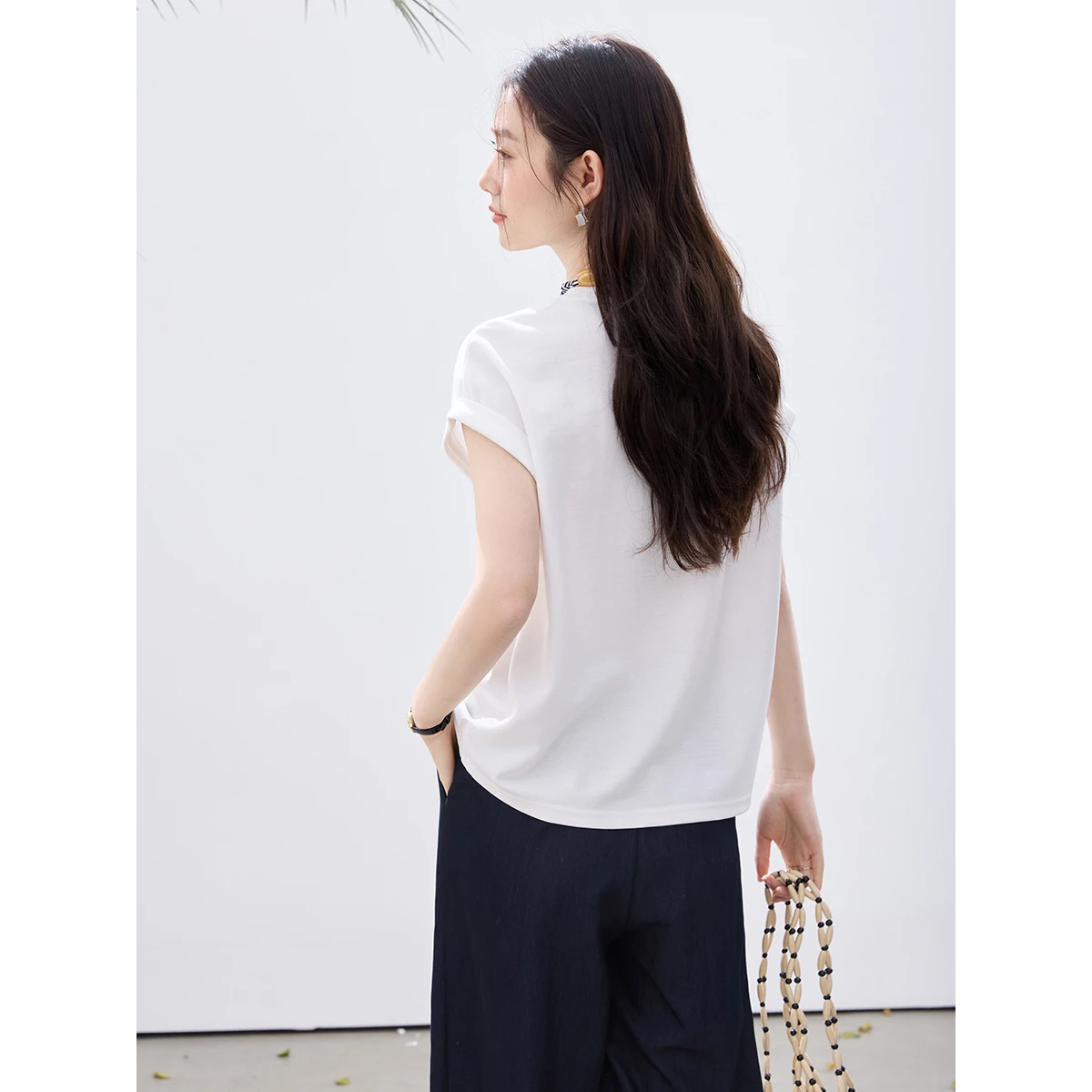 VIMLY Women's Minimalist Versatile Short Sleeve T-Shirt 2026 Summer New Fashion Detachable Print Scarf Loose Casual Top A6226