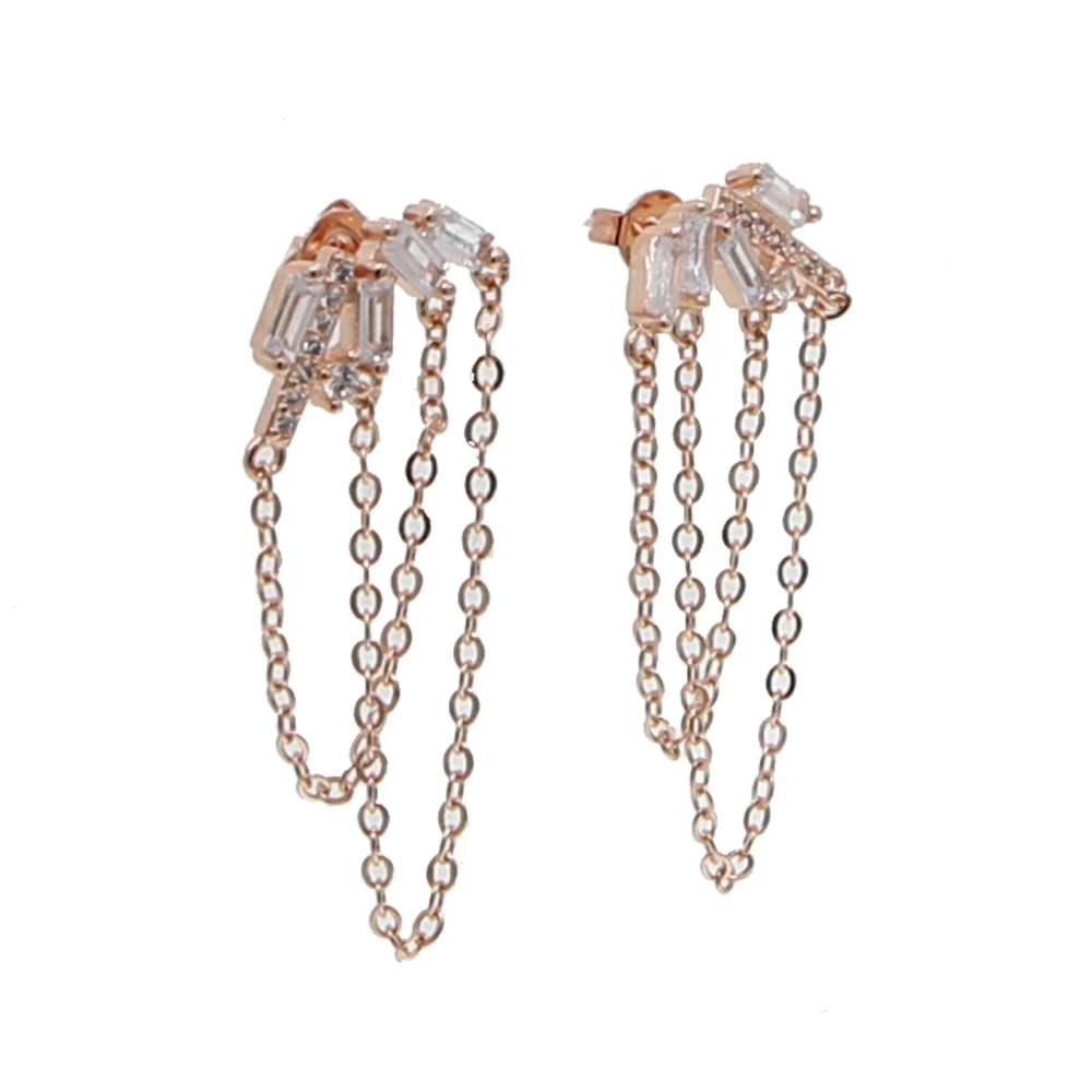 Rose gold color Cz bar Long Tassel Chain earring Romantic Fashion women jewelry cz cluster elegance earrings