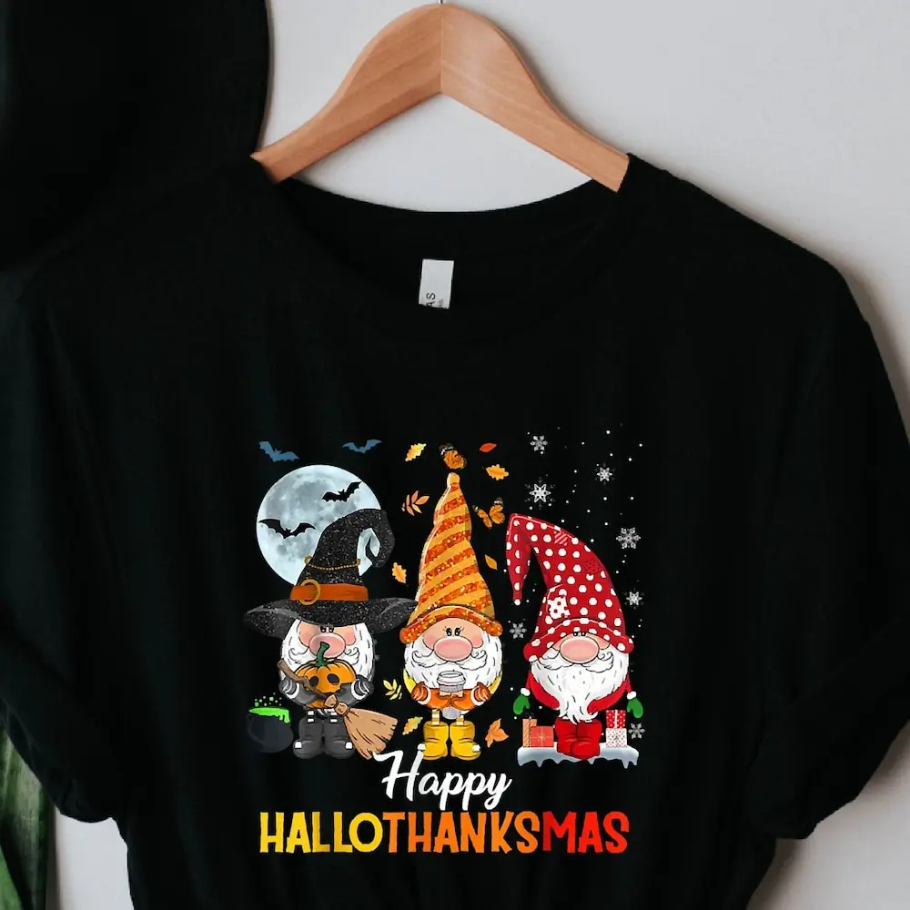 Gnomes T Shirt Happy Hallothanksmas Gnome Lover Halloween Merry Christmas Woman Cute