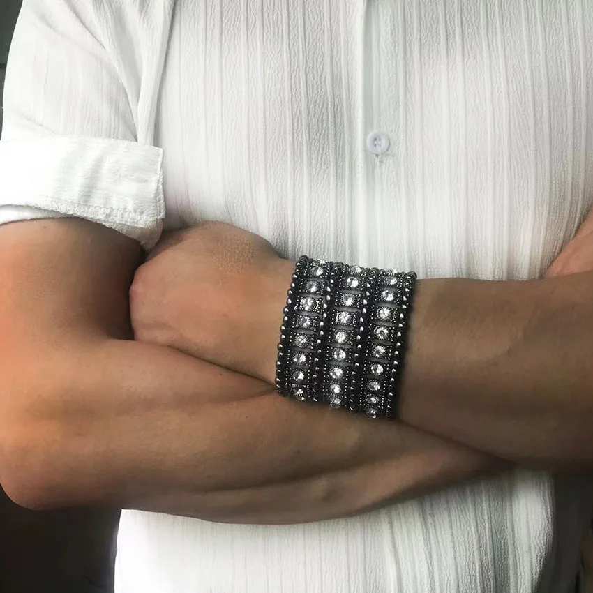 Classic Fashion Men's Retro Punk Style Elastic Bracelet Alloy Rhinestones Hand-made Beaded Wide Multi-layer Bracelet