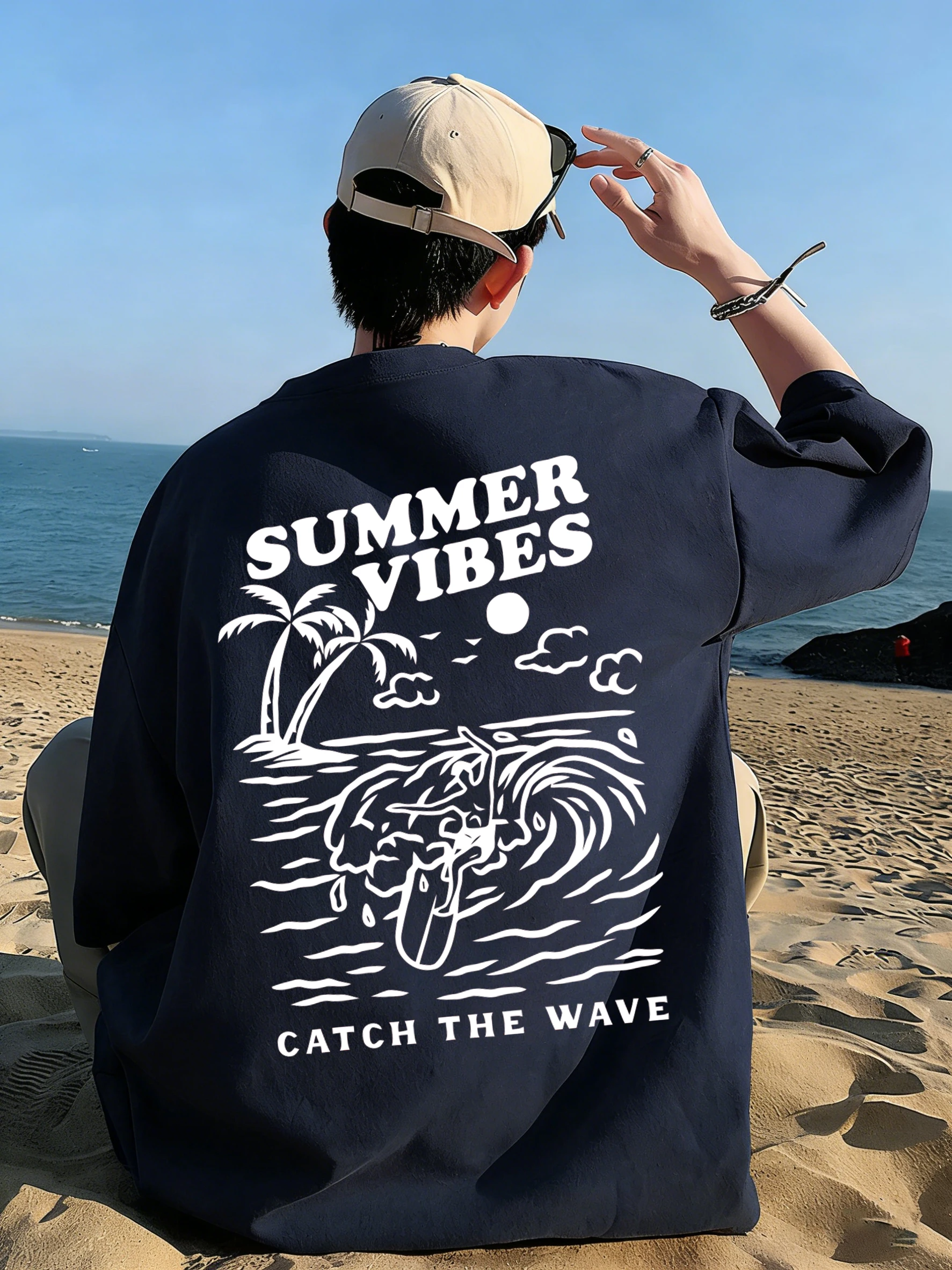 Summer Vibes Catch The Wave T-Shirt Men Cotton O-Neck T Shirts Summer Loose Basics Clothing Fashion Unisex Retro Short Sleeve