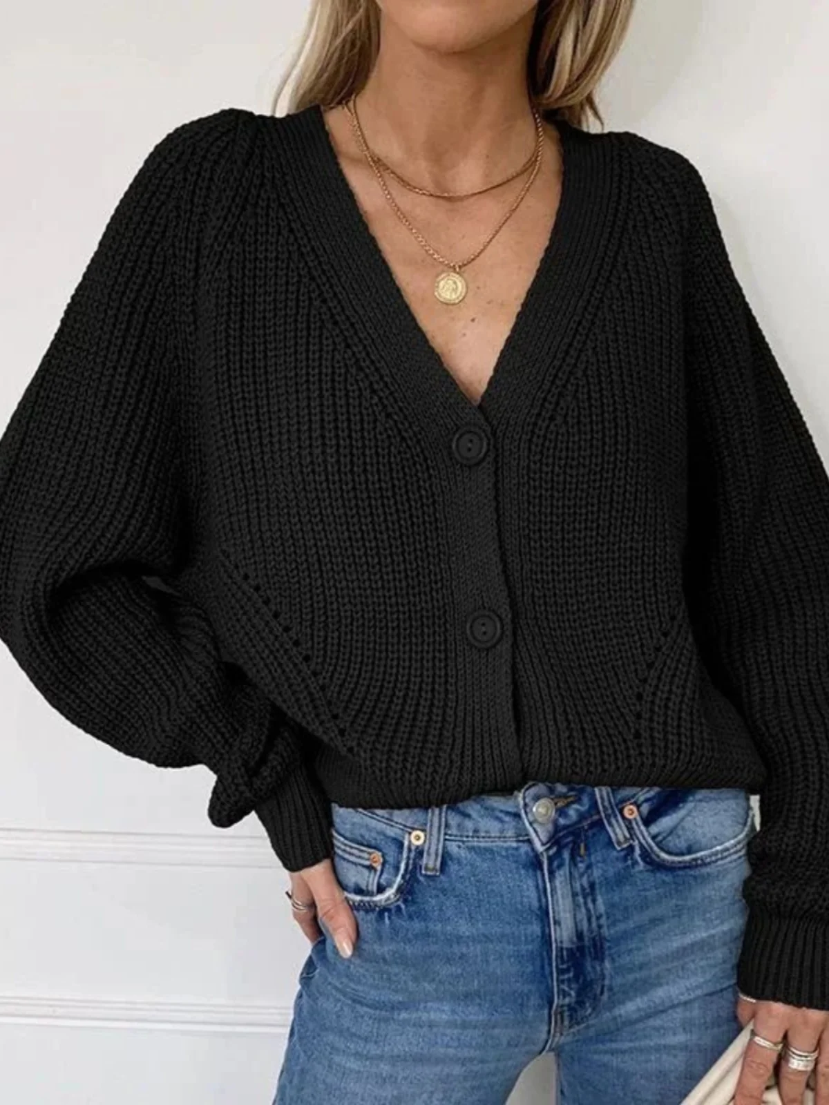 

V-Ne Lantern Sve Button Cardigan Color Open-irt Sle Long Sve Loose Fit Autumn Wear for Young Women