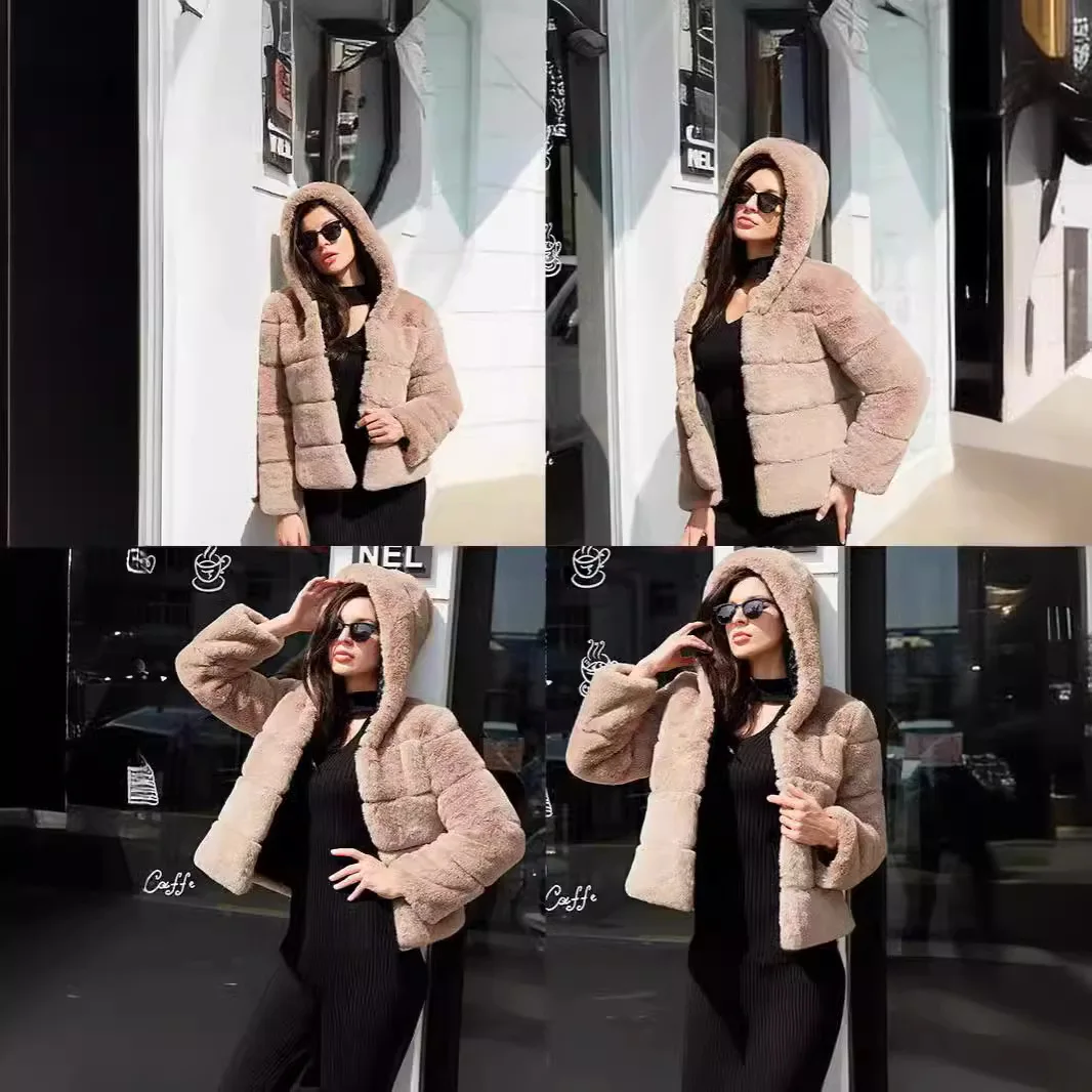 KIDCRKJ femmes hiver Imitation vêtements d'extérieur élégant fourrure garniture capuche mince Faux manteau pour femme trajet décontracté dame veste