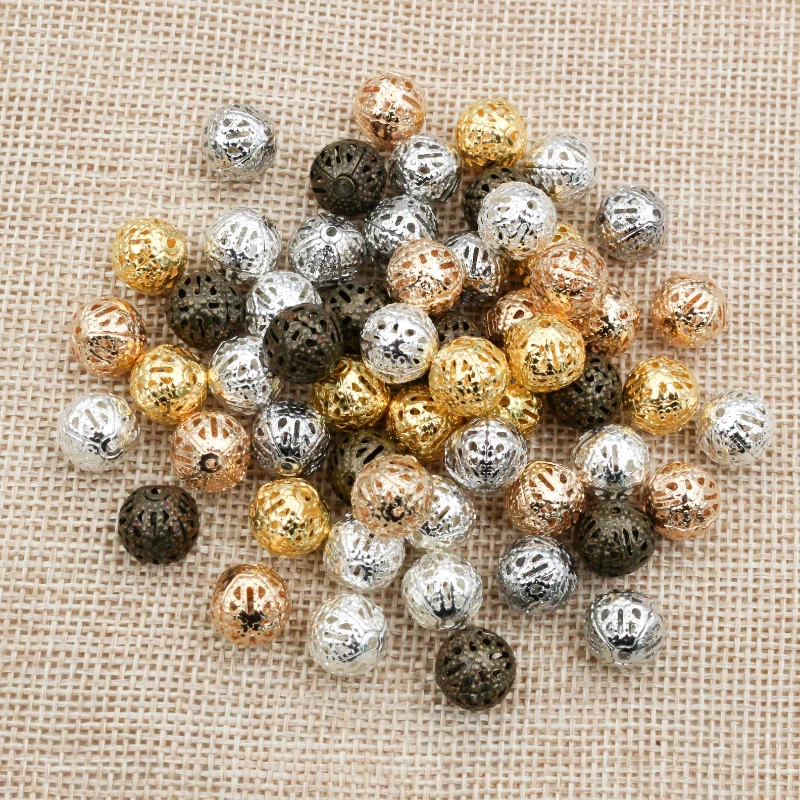 4/6/8/10mm Hollow Ball Flower Beads Metal Charms Gold Color  /Silver Plated Rhodium Filigree Spacer Beads For Jewelry Making