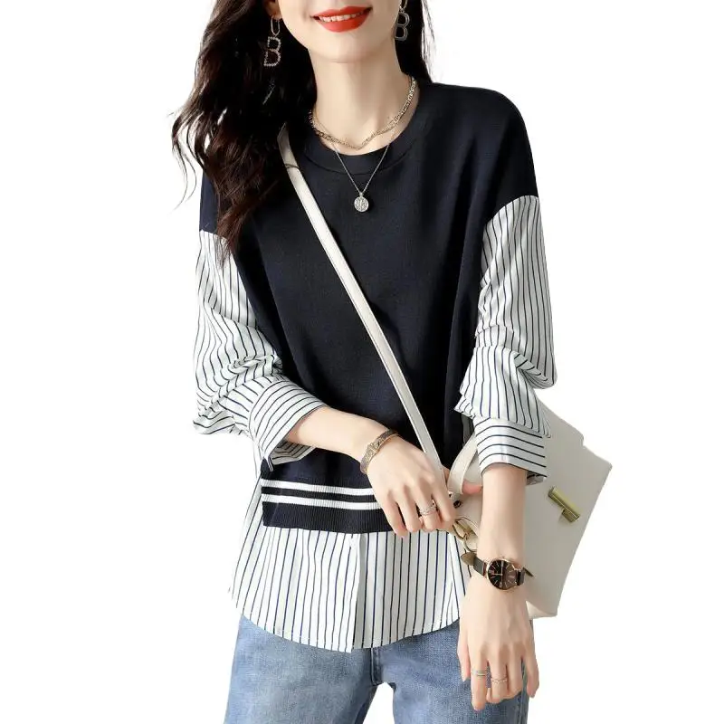 بلوزة نسائية غير رسمية بياقة مستديرة محبوكة ، قميص برباط ، قطعتين مزيفة ، مزاجية ، موضة الخريف