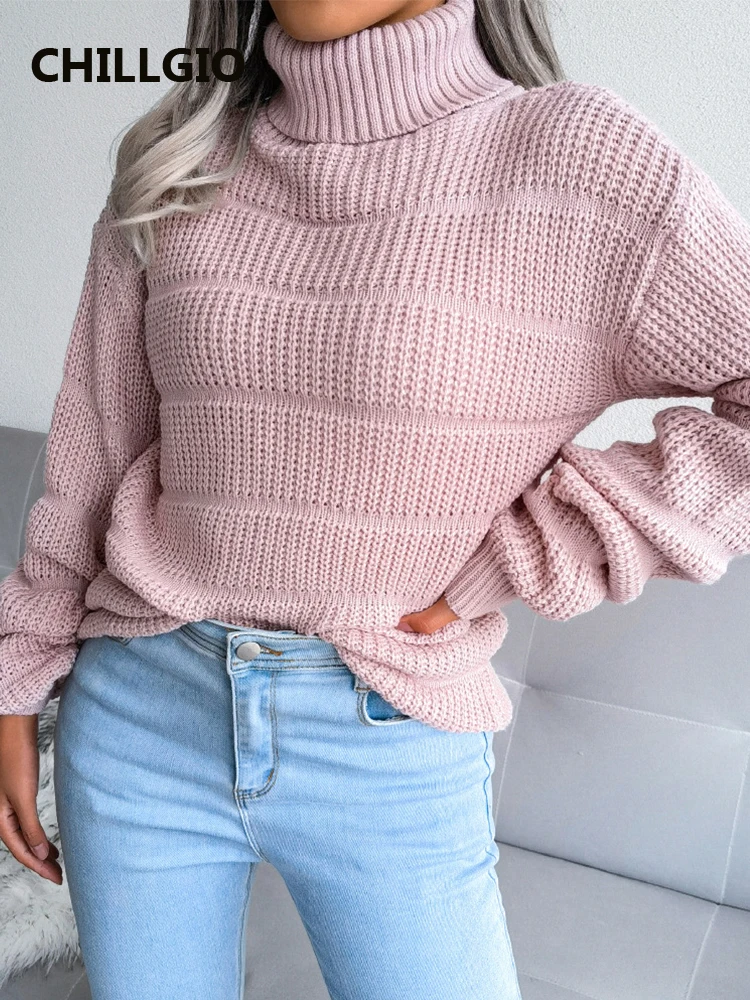 CHILLGIO Women Knitted Turtleneck Fashion Casual Solid Knit Tops Streetwear Chic Knitting Pullovers Autumn Winter Warm Sweaters