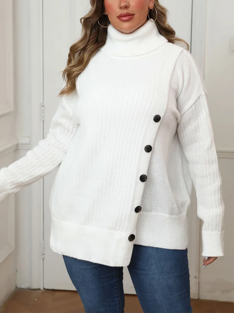 GIBSIE Maglione dolcevita da donna taglie forti Autunno Inverno Bottone con spalla cadente Pullover caldo casual Maglione lavorato a maglia bianco femminile