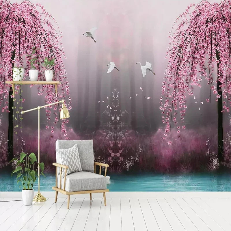 Papel tapiz de murales personalizados 3D, papel tapiz fotográfico de paisaje de Lago de los Cisnes, flor de cerezo rosa, sala de estar, TV, sofá,