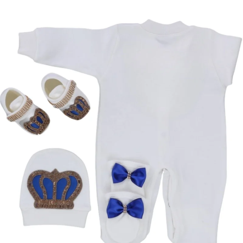 Footed Romper Newborn 0-9 Months 4 Piece Set White Blue Gold Crown Bow Prince Royal Boutique Baby Shower Gift Hat Mittens Shoes view 3