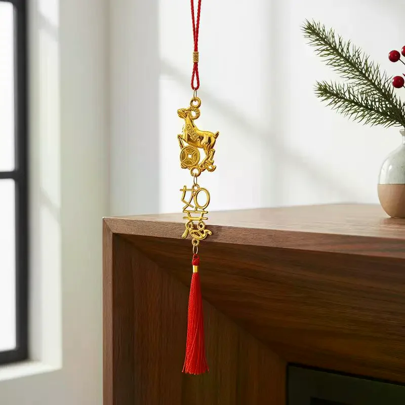 Chinese New Year 2027 Goat Hanging Ornaments Gold Lucky Design Red Tassels For Spring Festival Home Wall Decor