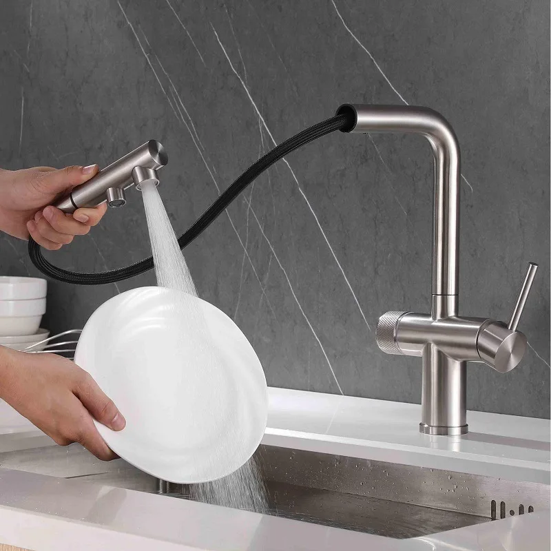 304 Stainless Steel Pull Out Filter Kitchen Faucet Drinking Water Kitchen Tap Dual Handle Hot and Cold Water Mixer Sink Tap