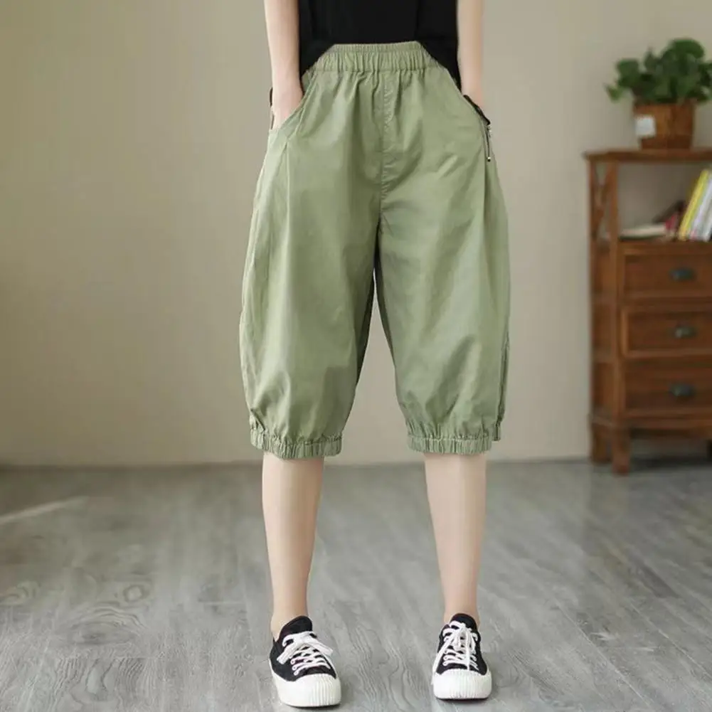 Cotton And Linen Thin Casual Loose High Waisted Five Quarter Pants Women Summer Shorts Mid-rise Elastic Waist Wide-leg Shorts