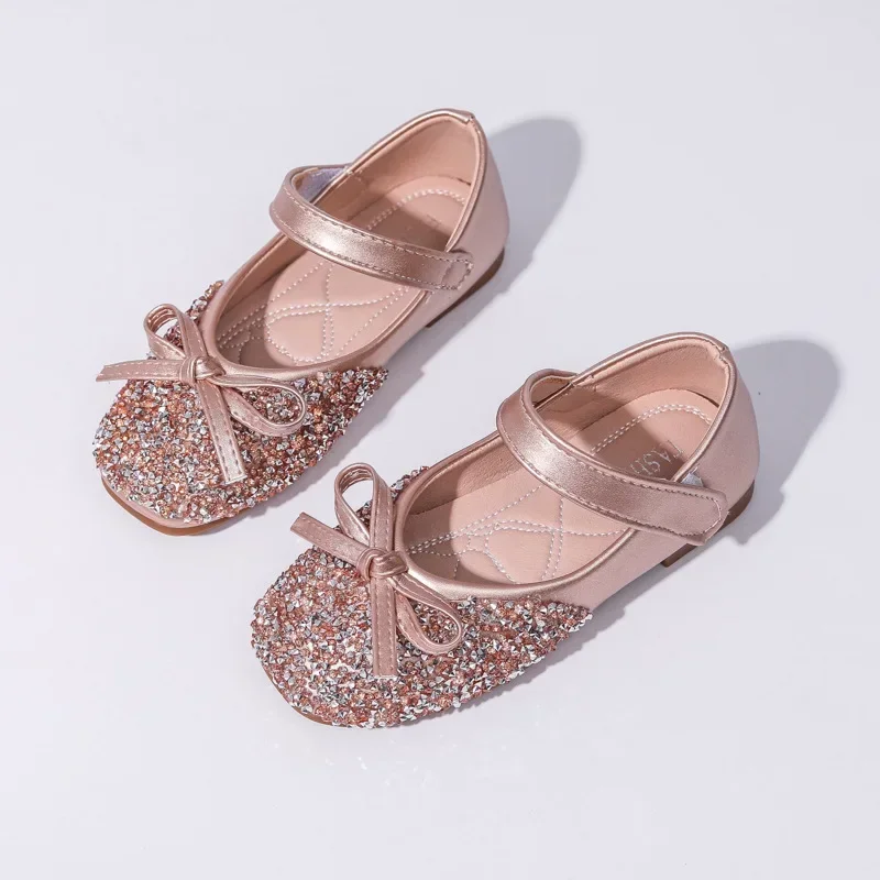 Kids Leather Shoe Spring Autumn Elegant Girls Party Shoes Fashion Sequins Bowtie Children Princess Shoes for Wedding Shallow