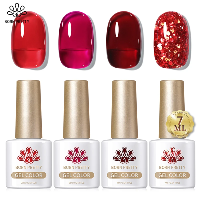 BORN PRETTY Burgundy Weinrotes Gel-Nagellack-Set, 4 Flaschen, Dark Bloody Collection, glitzerndes rotes Nagelgel, DIY-Weihnachtsmaniküre