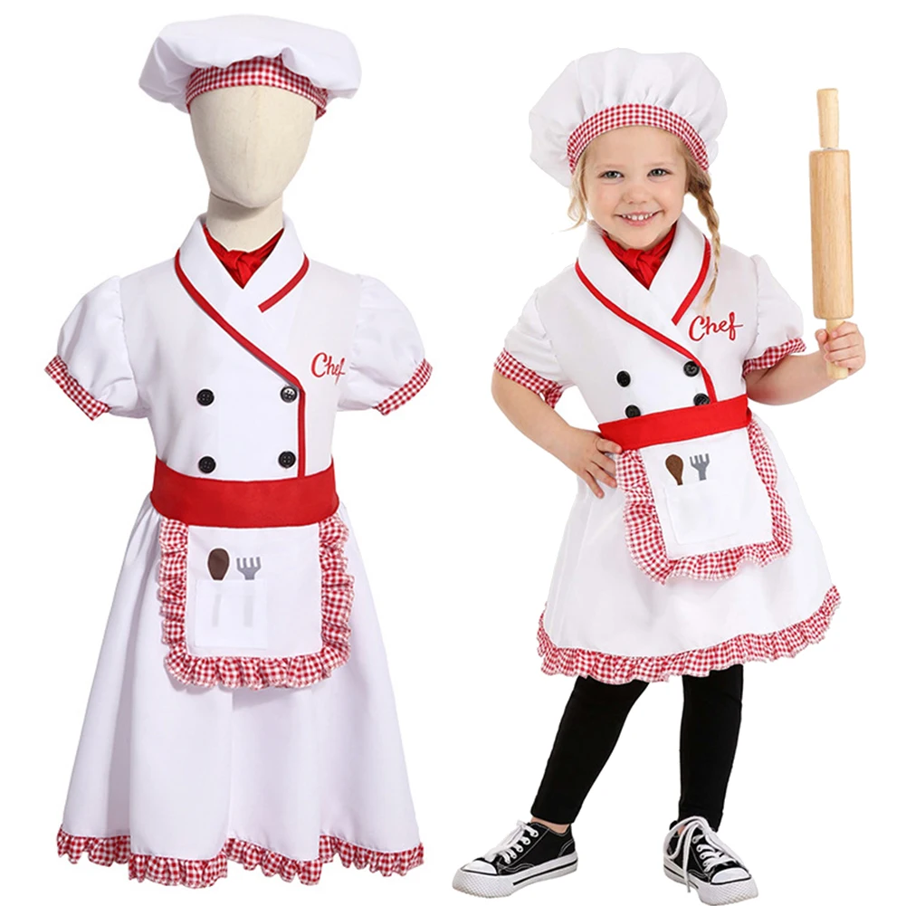 

Детский карнавальный костюм шеф-повара на Хэллоуин для девочек, шляпа, одежда, фантазийное платье, фартук, головной убор, комплект головных уборов, одежда для выступлений, униформа