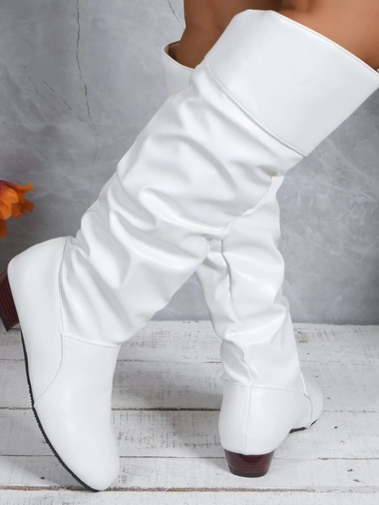 Bottes d'automne et d'hiver pour femmes, chaussures en cuir PU extensible, blanches, Style Roma, longueur aux genoux, nouvelle mode 2026