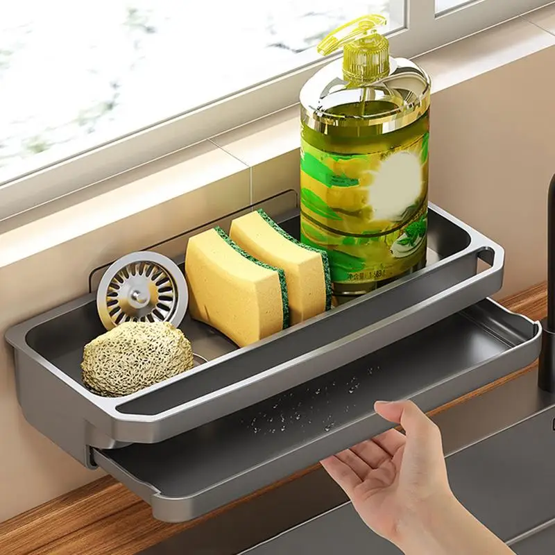 

Kitchen Storage Rack Sponge Holder With Auto-Drain Tray Faucet Storage Soap Drainer Sink Organizer home Accessorie