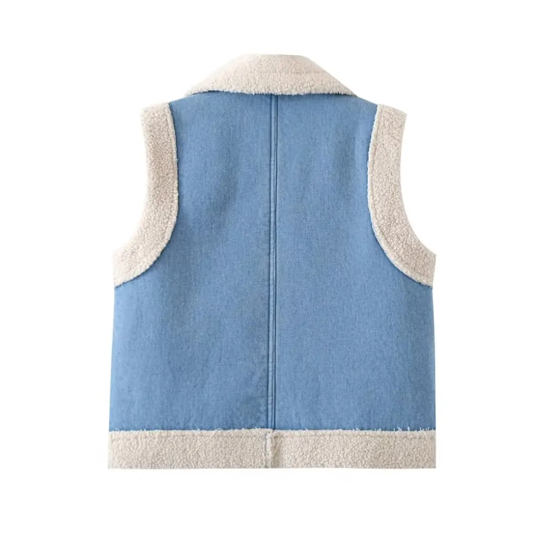 TRAF Women Faux Sheepskin Fur Waistcoat Autumn Winter Chic Lady Denim Vest Woman Sleeveless V Neck Jacket Waistcoats