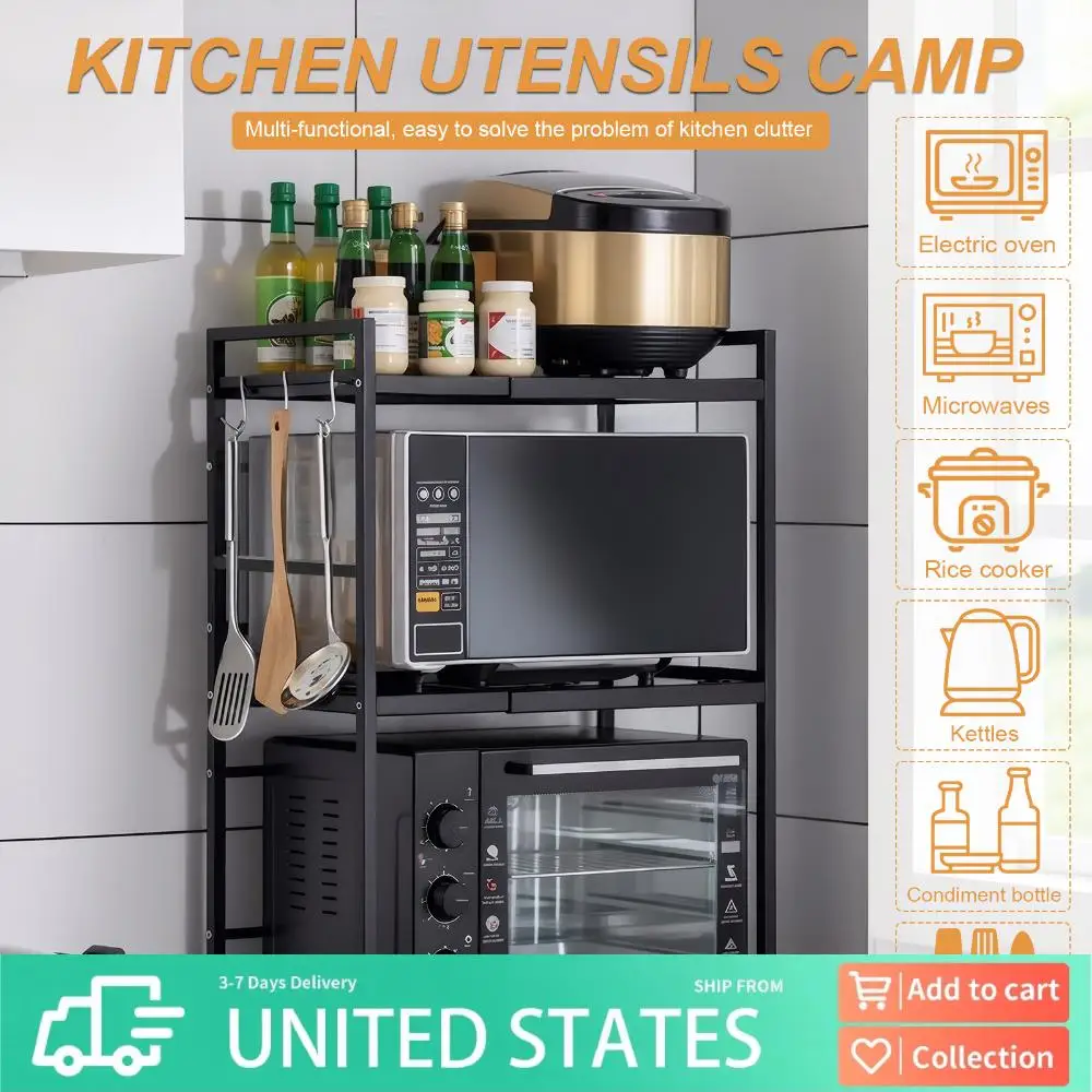 

2-Tier Microwave Oven Shelf Rack Expandable Metal Kitchen Organizer with Hooks Space-Saving Countertop Storage for Home, Dorm