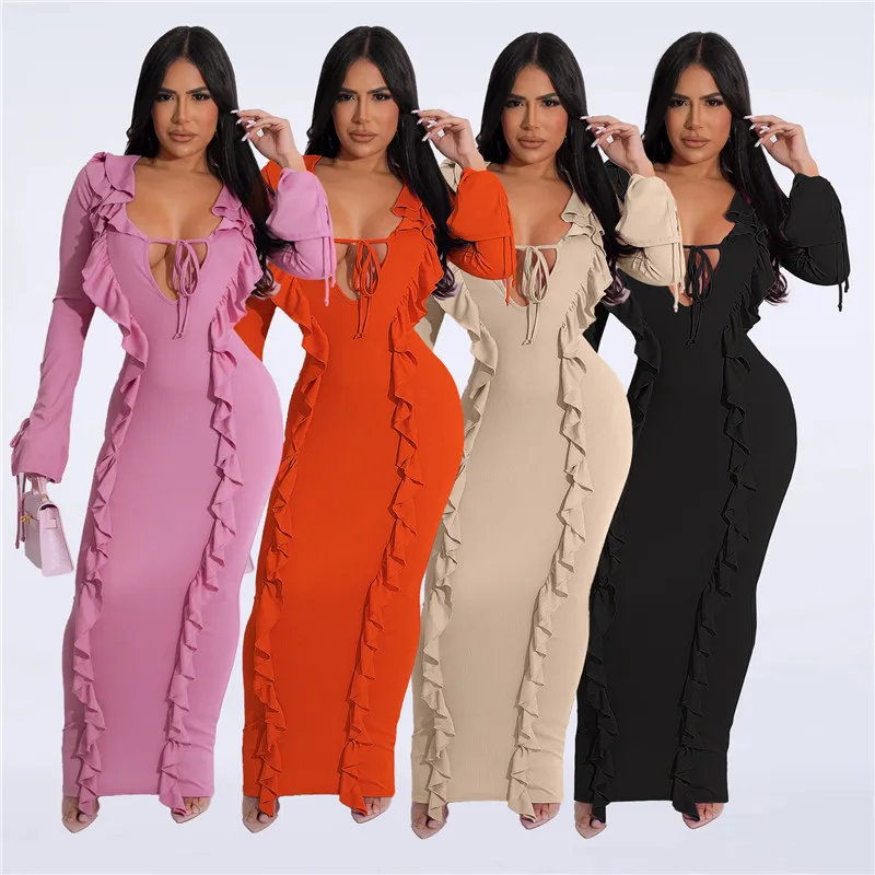 

Long Sleeve V Neck Maxi Dress Women Fashion Ruffles Lace Up Bodycon Vestidos Elegant Solid Color Ladies Clothes Dropshipping