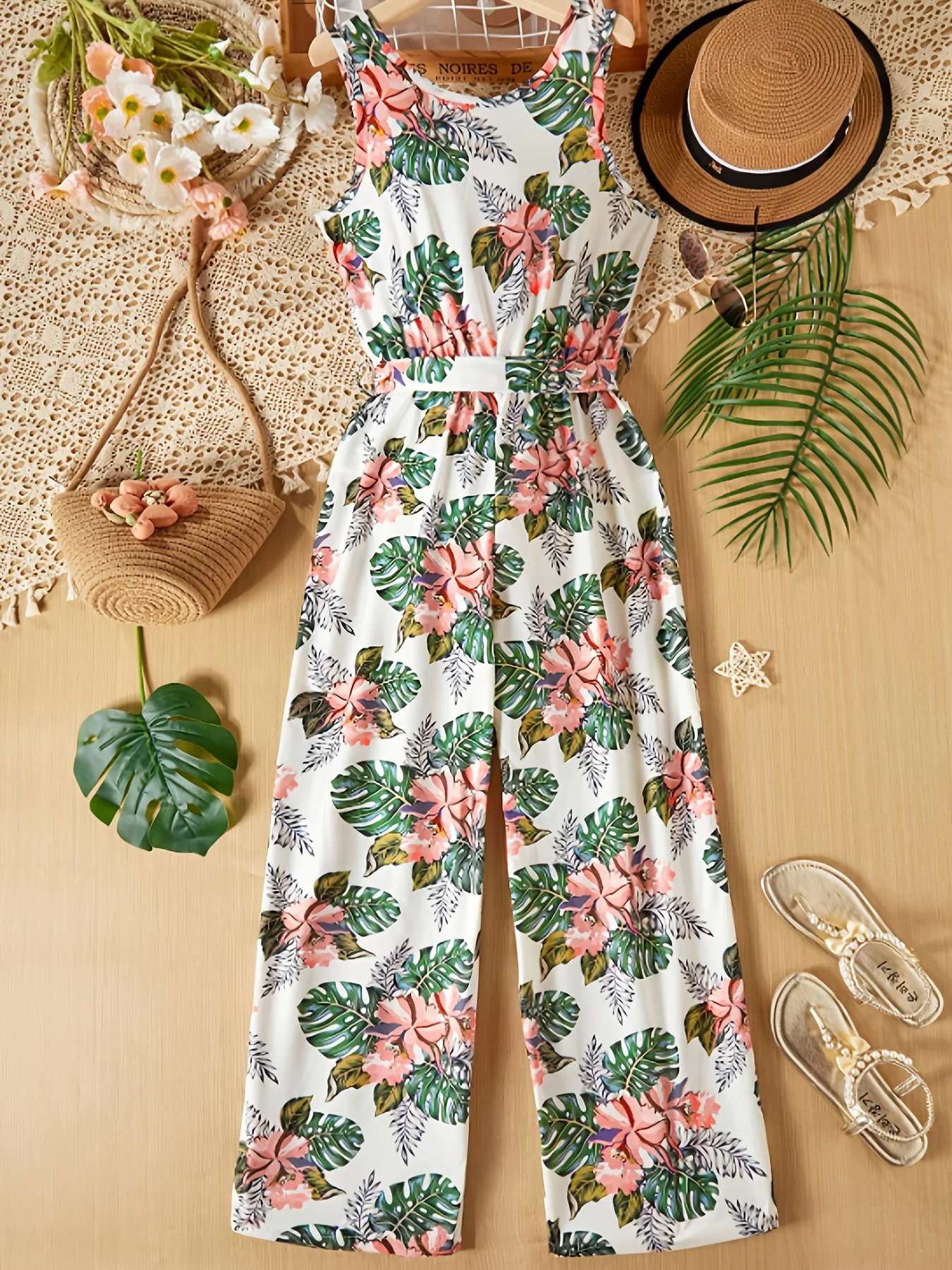 Sleeveless printed jumpsuit with belt for teenage girls, resort style, multi-color, spring & summer collection