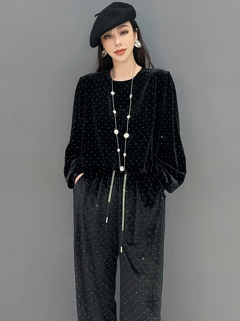 Vefadisa 2024 Autumn New Black Polka Dot Printed Women Matching Set O-Neck Lantern Sleeve Top Wide Leg Pant Two-piece ZXY613A