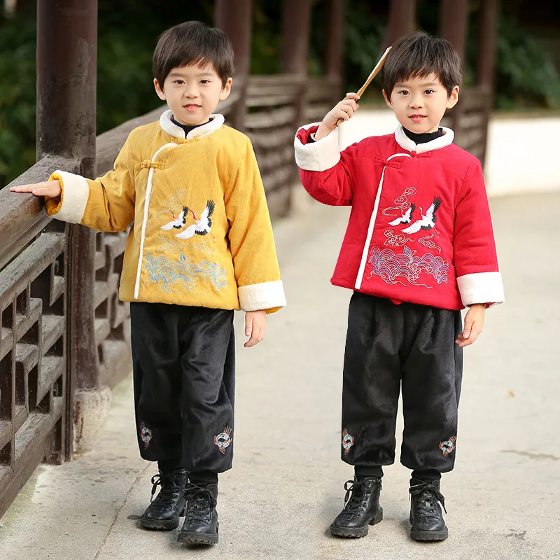 

New Year Children Tang Suit Kids Boy Girl Chinese Style Crane Embroidery Hanfu Oriental Clothing Set Cheongsam Cotton Coat Pants