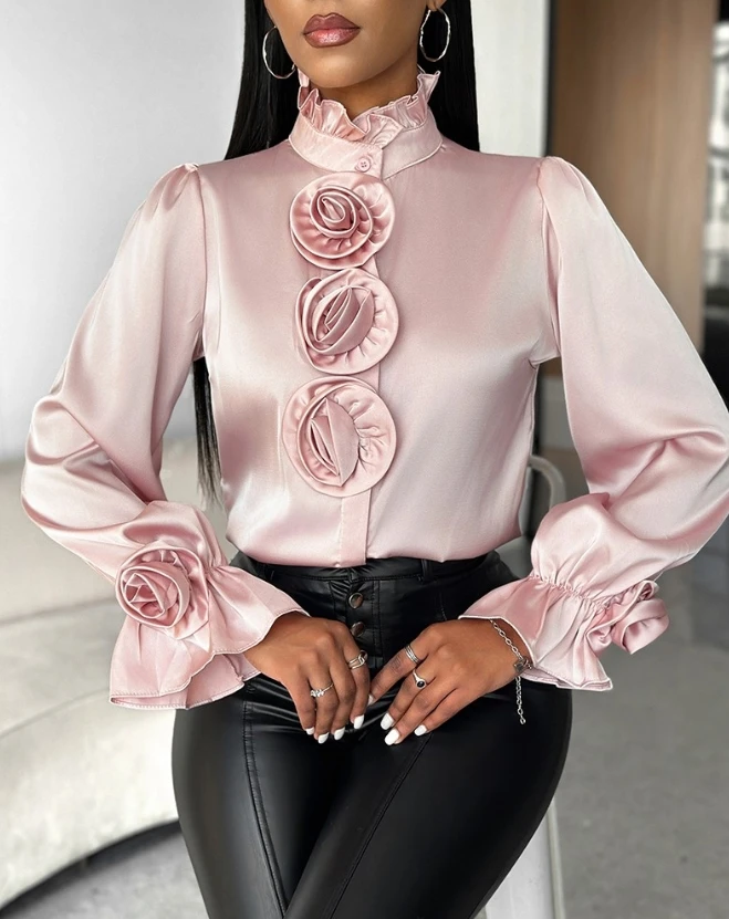 Women\'s Elegant Rose Detail Frill Hem Bell Sleeve Top Temperament Commuting Spring Female Fashion Stand Collar Casual Blouses