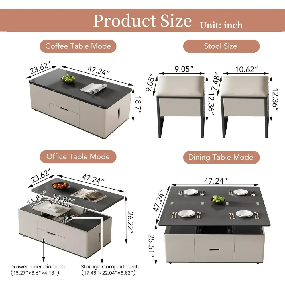 Table basse avec 4 pistes, tables centrales avec rangement GNE, tables de canapé peu encombrantes, table basse relevable