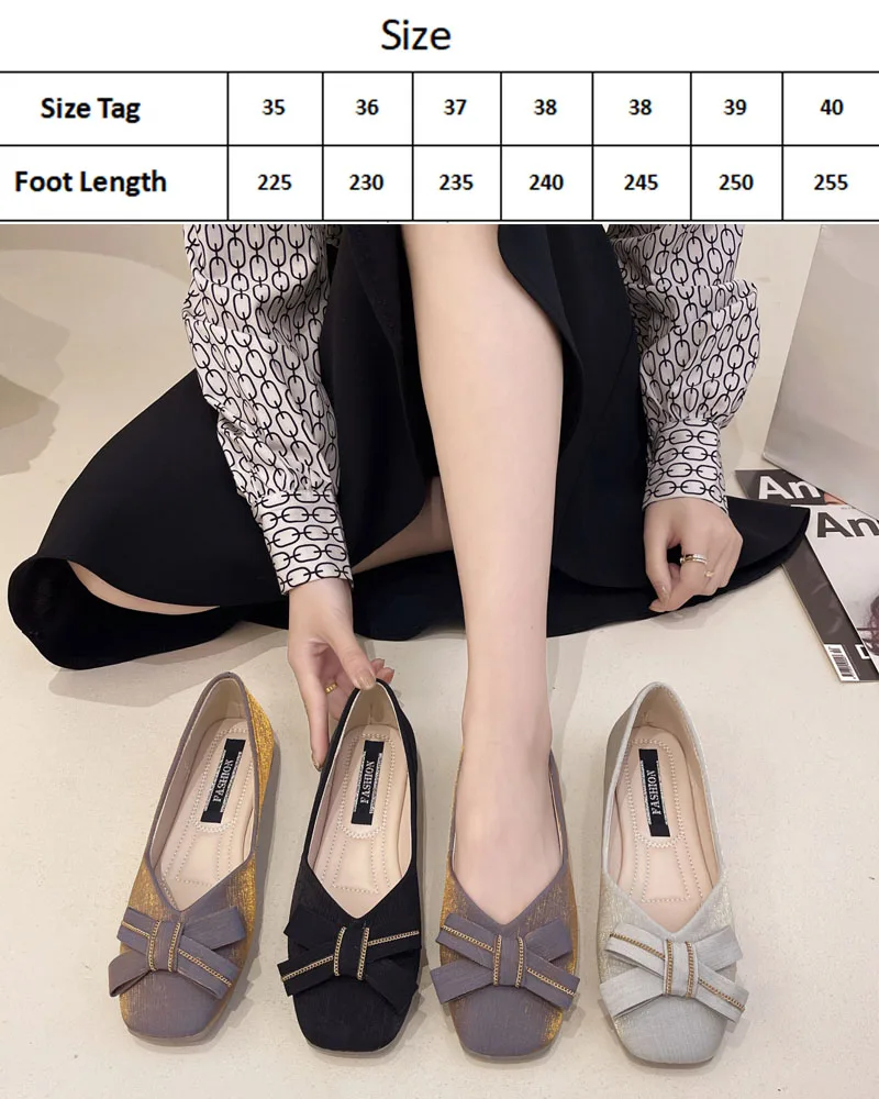 Women's Shoes Square PU Bow Soft Bottom Breathable Casual Comfortable Flat Shoes