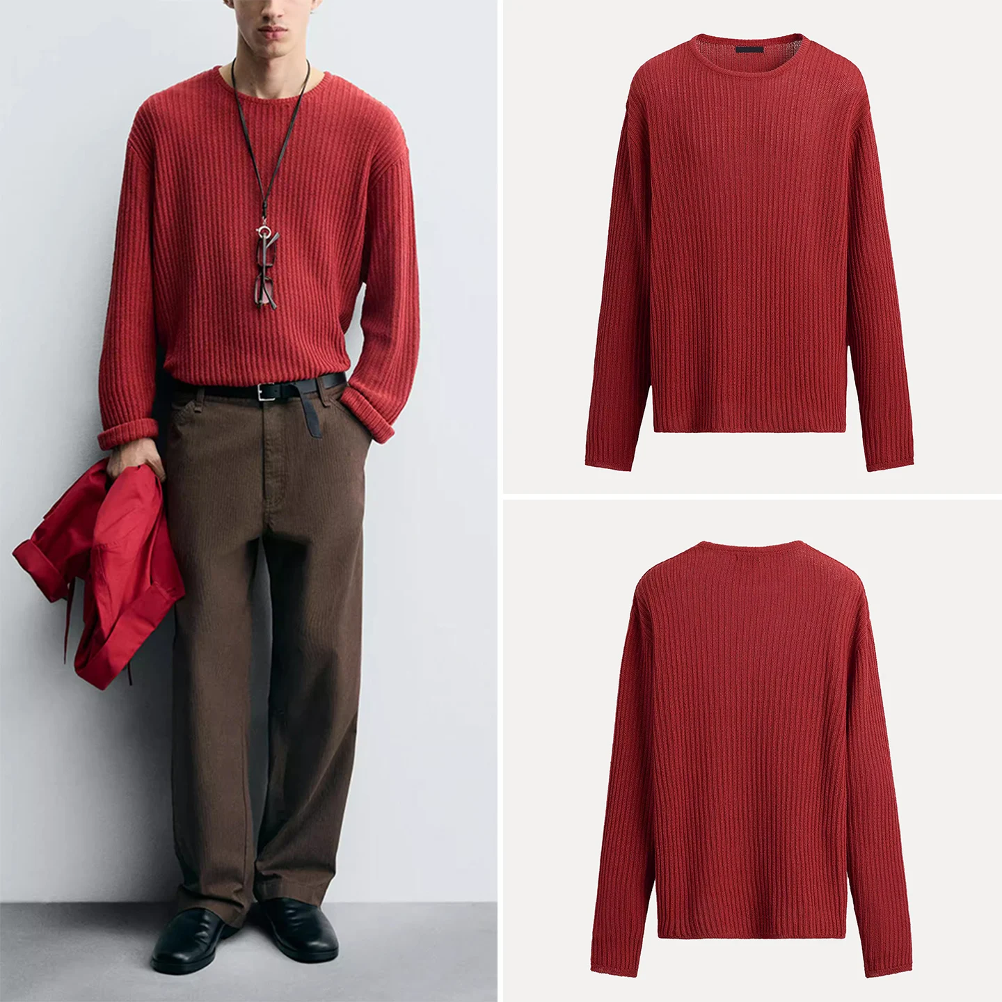 

Faionable Knitted Long Sve Loose round Ne Hollow Texture Men's Sweater Comfortable Breathable Casual Wear for Youth