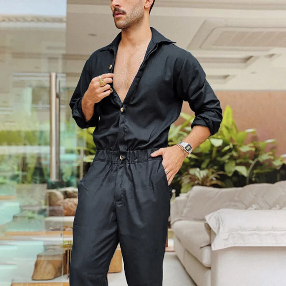 Overalls Jumpsuits Trousers Elastic Waist Fashion Lapel Collar Lapels Male Mens Overalls Single Breasted 2023 New