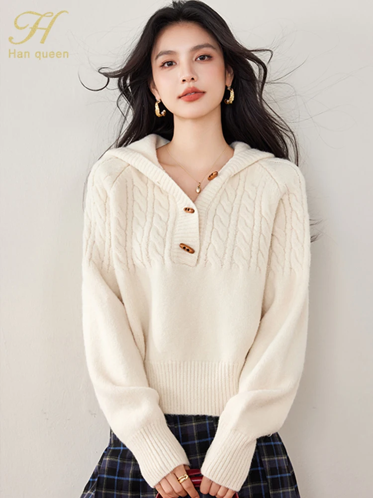 

H Han Queen New Winner Pullover Sweater Vintage Christmas Horn Button Hoodie Fashion Women Casual Tops Chic Loose Basic Knitwear