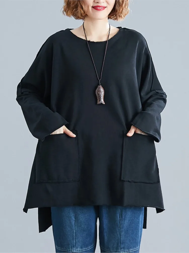 T-shirt autunnali oversize top donna camicette da donna a maniche lunghe con spacco irregolare camicette larghe da donna Casual moda 2023