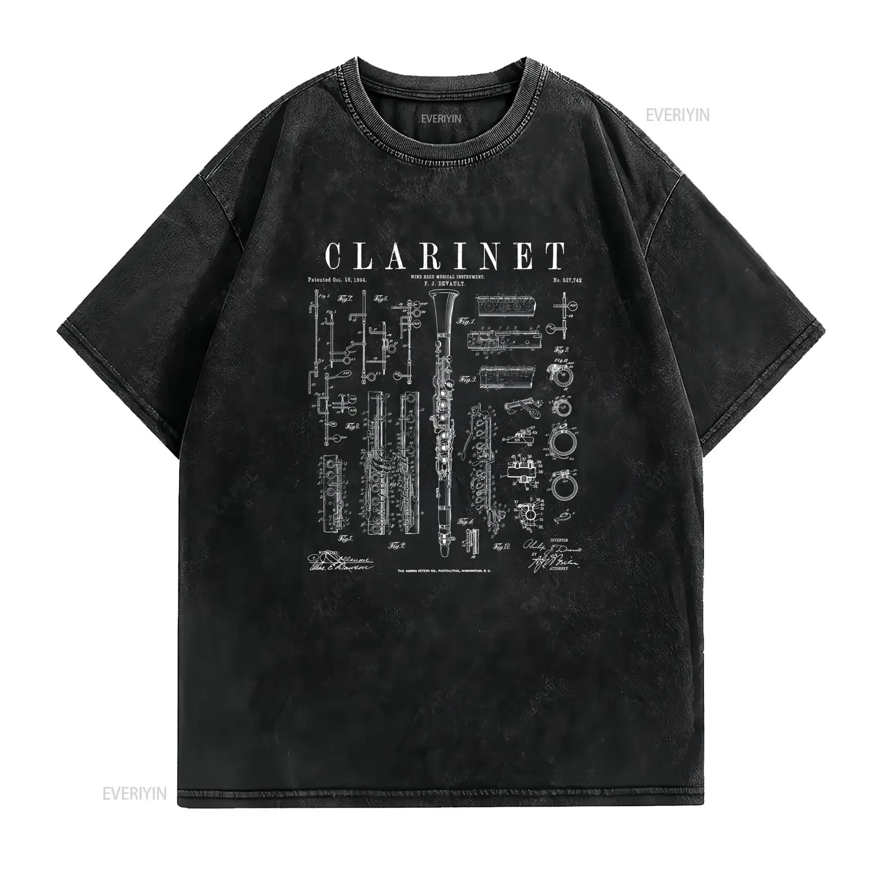 Clarinet Vintage Patent Clarinetist Drawing Print T Shirt vintage Washed designer clothes Soft homme fashion streetwear