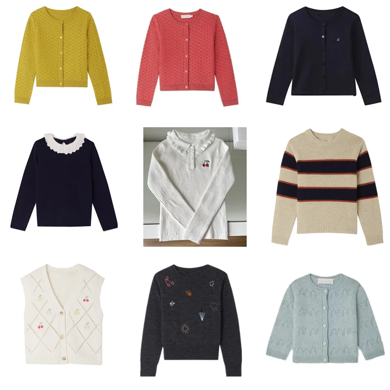 Otoño 20224, suéteres para niñas, cárdigan tejido cereza para niños, prendas de vestir de diseñador, Jersey de punto de manga larga para niños pequeños, ropa