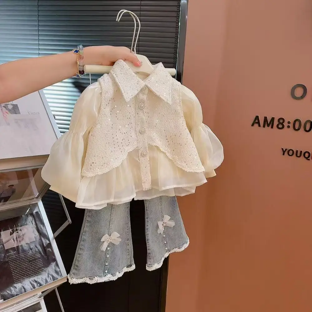Girls' Set Spring and Autumn New Style Children's Collar Shiny Vest Fashion Bottom Shirt Jeans 3-Piece Set