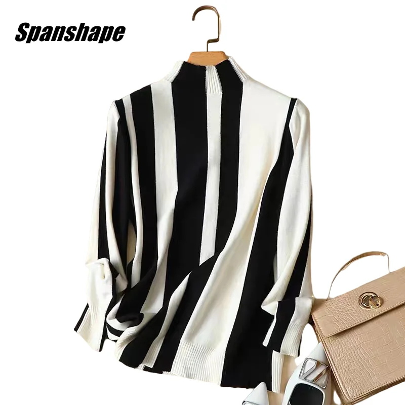 

Women Long Sleeves Knit Sweater Turtleneck Striped Print Pullover Tops Cashmere Sweater Women Elegant Outwear Coat Tops ouc1492