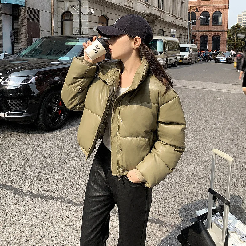 

Women 2024 Standing Collar Down Padded Jacket Leather Thickened Padded Jacket Fashion Trend Loose Casual Ladies Short Coat Top