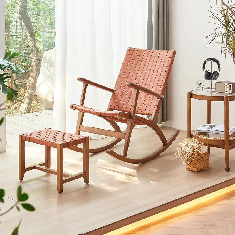 Nordic solid wood rocking chair household balcony leisure saddle leather old man escape chair