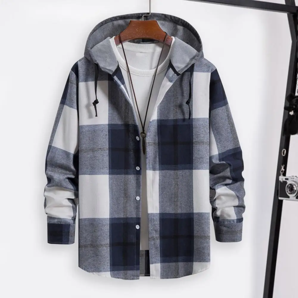 Long Sleeves Shirts For Men Autumn Casual Plaid Print Shirt Hooded Collar Button Down Shirts Coat Male Clothing Ropa Hombre