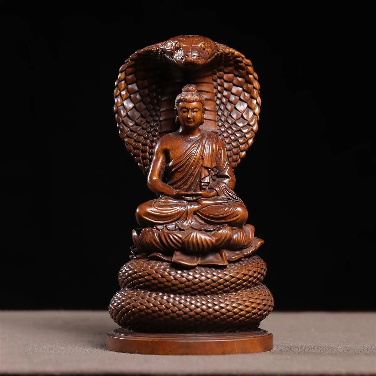 15 CM Tall Shakyamuni with Cobra Snake Boxwood Figurine Carving Buddha Feng Shui Sculpture Live Room Decor