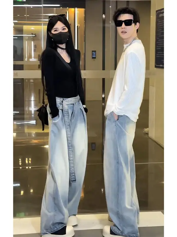 

Light Blue Waed American Vintage Wide Leg Straight Cut Men's Jeans Spring Trendy Wear Resistant Loose Fit High Waist Jeans