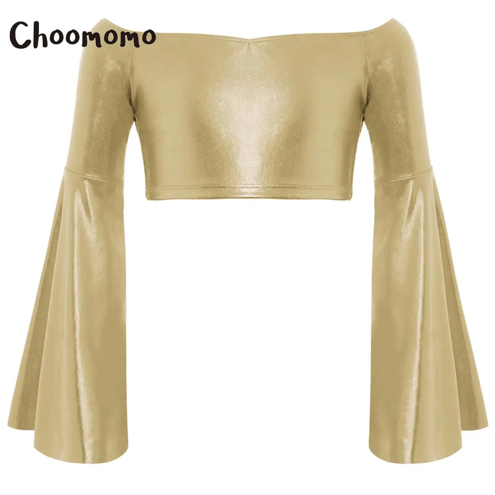

Kids Girls Latin Jazz Dance Crop Top Long Flared Sleeve Metallic Tops for Stage Performance and Photography Party Session Outfit