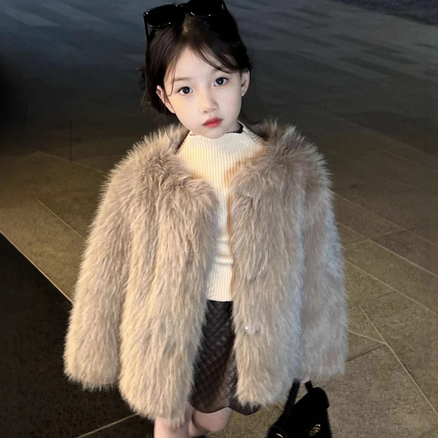 

Faux Fox Fur Coats Children Solid Jackets Round Neck Long Sleeves Coverd Button Thick Warm Fur Loose Casual 2025 Autumn Winter