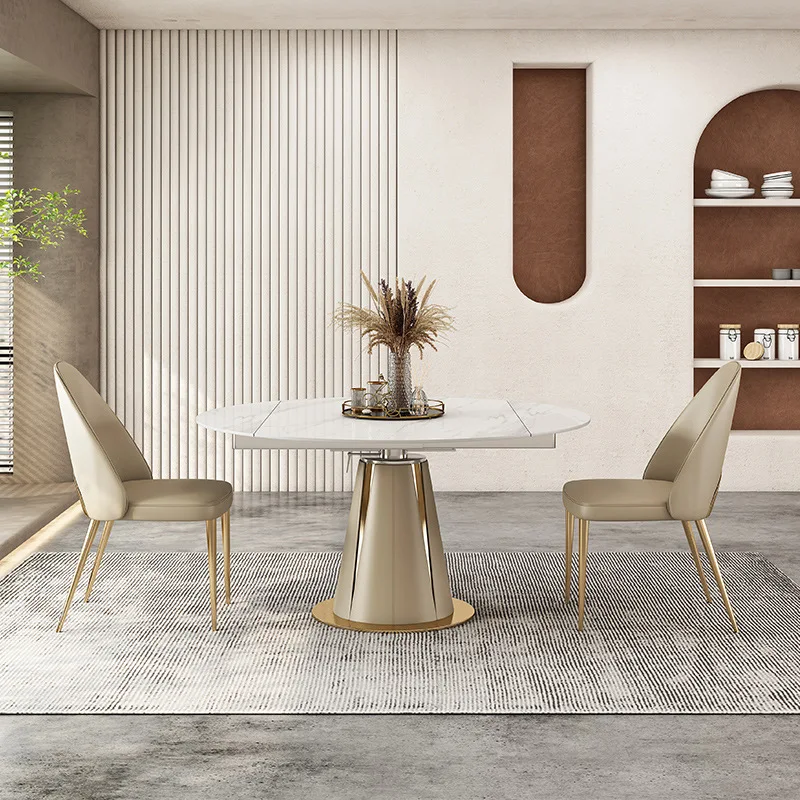 ！@Modern Luxury Expandable Round Dining Table with White Marble Sintered Stone Top and Gold - accented Pedestal Base