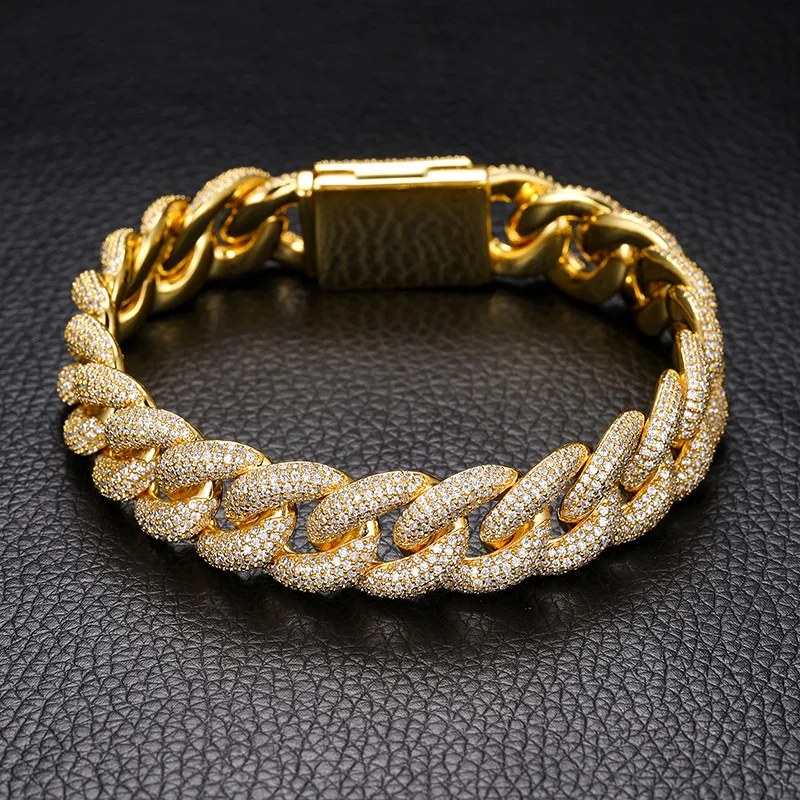

Iced Out Miami Cuban Link Bracelet for Men, Full CZ Diamond Hip Hop Bling Jewelry, Rapper Streetwear Accessory