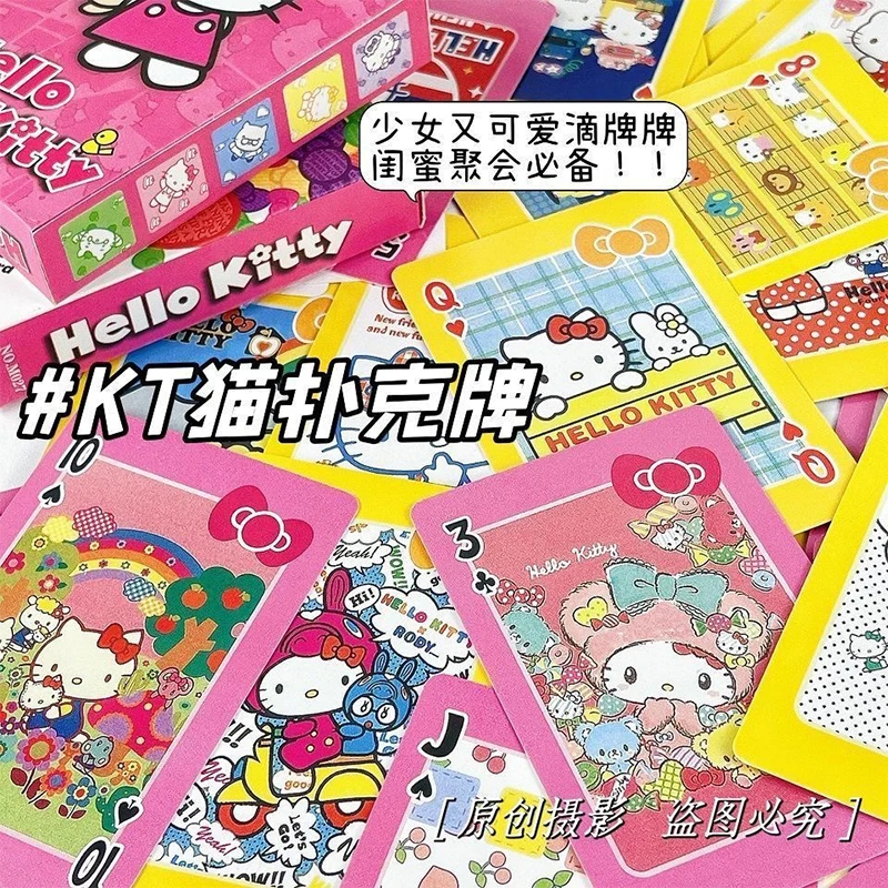 Kawaii Hello Kitty การ์ดเล่นเกมโต๊ะสำหรับปาร์ตี้ Sanrio การ์ดเกมมินิโซะสำหรับเล่นกีฬาสันทนาการใหม่หมากรุกเกมสำหรับครอบครัวการ์ดของขวัญวันหยุด