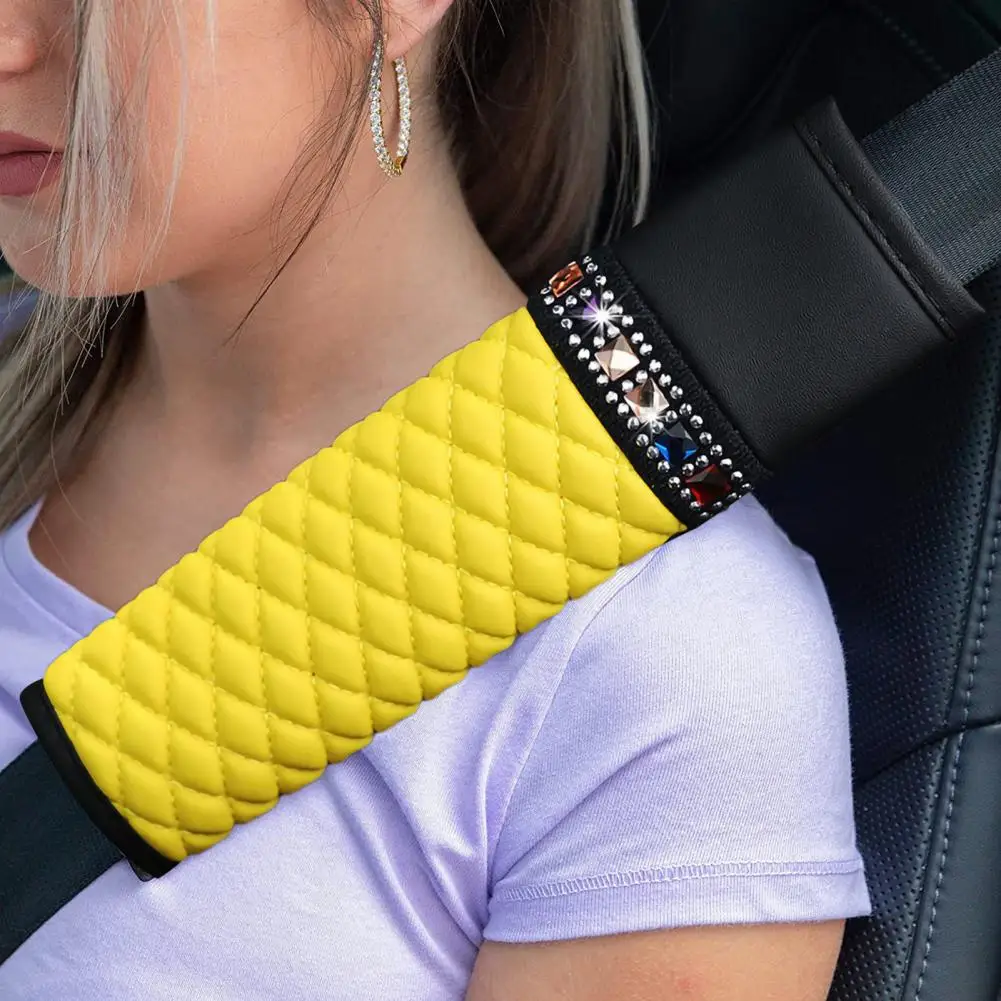 Auto Seat Belt Cover Sparkling Rhinestone Embellished Car Seat Belt Cover Stylish Faux Leather Shoulder Pad for Comfort Safe