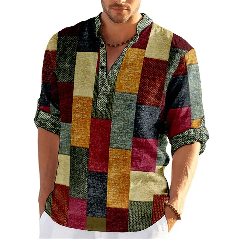 Patchwork 3D Druck Farbe Block Henley Shirts Herrenmode Vintage Stehkragen Langarm Hemd Männlich Tops Bluse Mann Kleidung